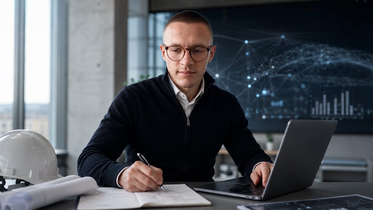 Joshua Pichler zwischen Bauplänen, Laptop und digitalen Auswertungen als Symbol für Lernen und Wandel