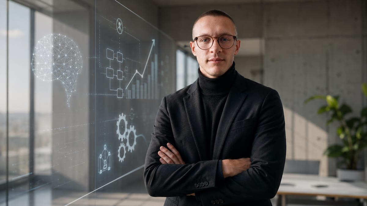 Joshua Pichler vor transparenten KI- und Prozesssymbolen als Bild für Zukunft, Mensch und Technologie