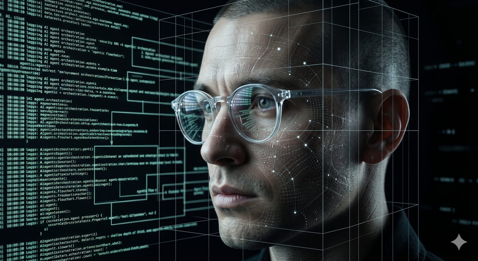 Cinematisches Profil mit Code-Matrix-Overlay