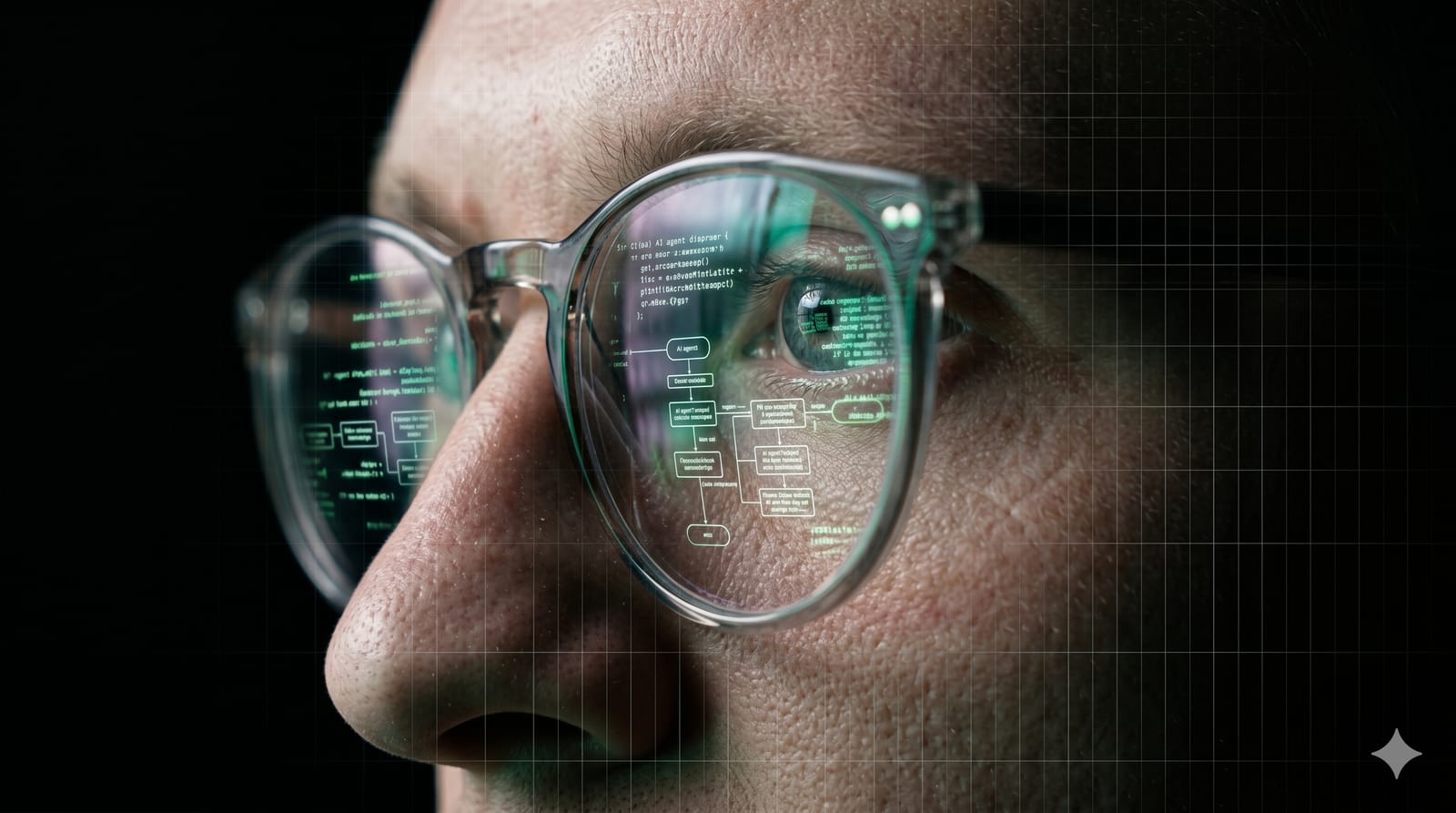 Nahaufnahme mit Code-Reflexionen in der Brille